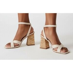 Steve Madden Renley Raffia Block Heel Ankle Strap Sandals Bone Size 11 Prom 3.5"